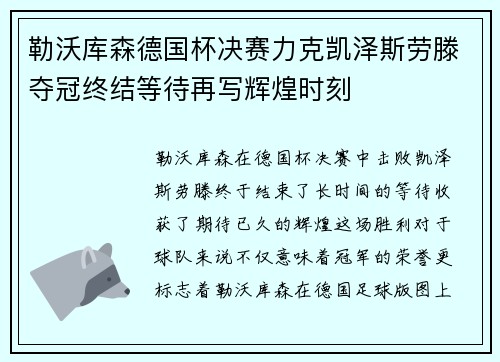 勒沃库森德国杯决赛力克凯泽斯劳滕夺冠终结等待再写辉煌时刻