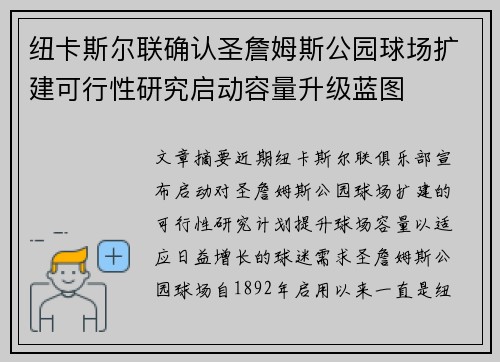 纽卡斯尔联确认圣詹姆斯公园球场扩建可行性研究启动容量升级蓝图